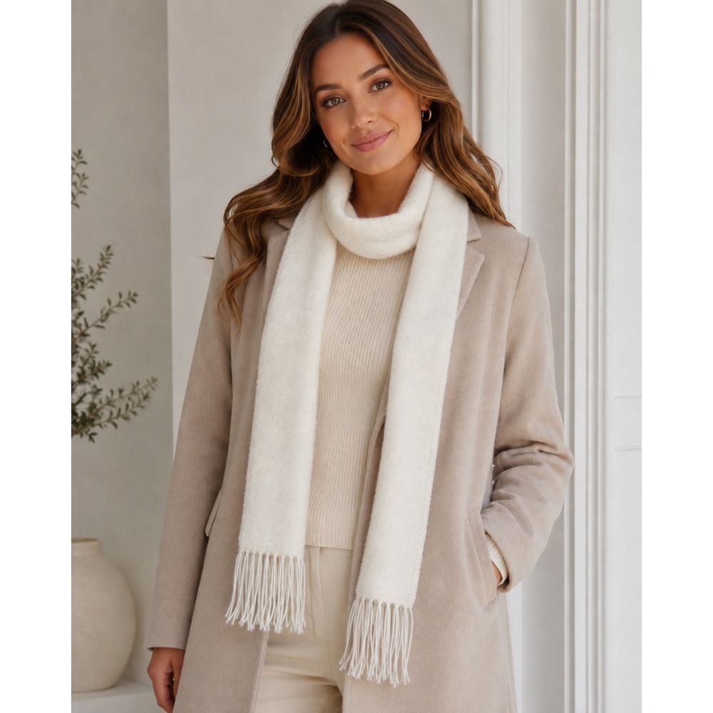 Alpaca Carrasco Cream White Brushed Alpaca Wool Fringe Scarf Made in Peru